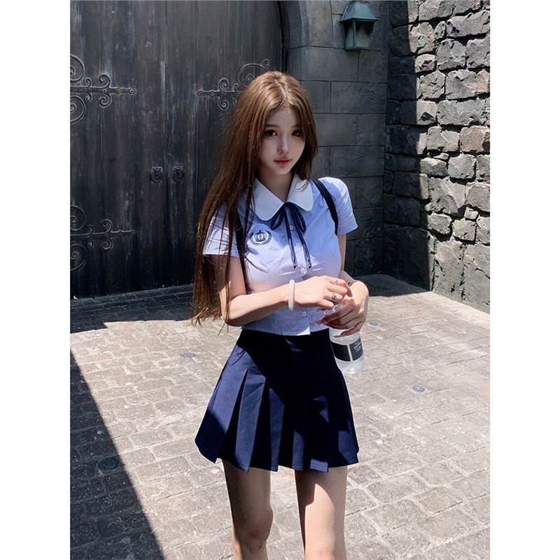蓝色樱岛学院学姐衬衫减龄百褶裙jk套装短袖夏季高级两件套女装