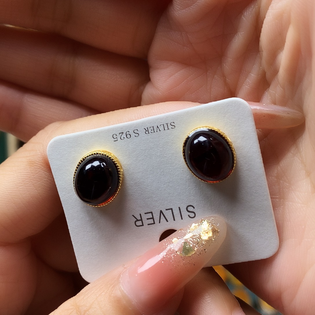血珀耳饰银S925镶嵌耳钉