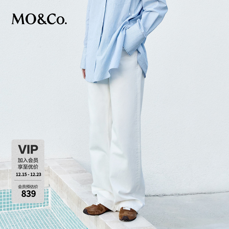 MOCO牛仔裤冬季酵洗白色棉质精裁高腰及地直筒MBE1JENK07
