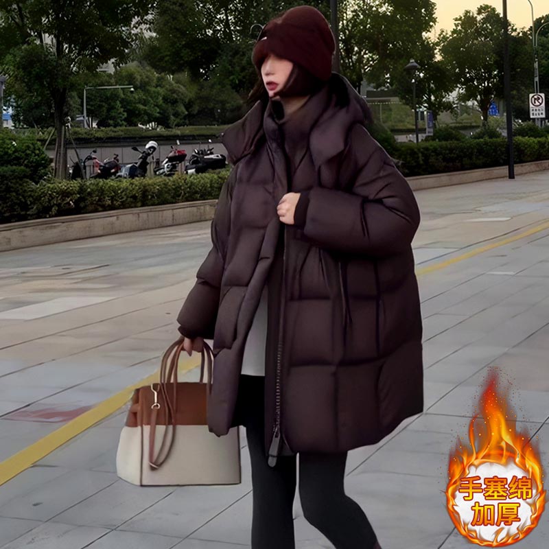 韩系宽松时尚连帽棉服外套潮2025年冬季新款保暖加厚中长款面包服