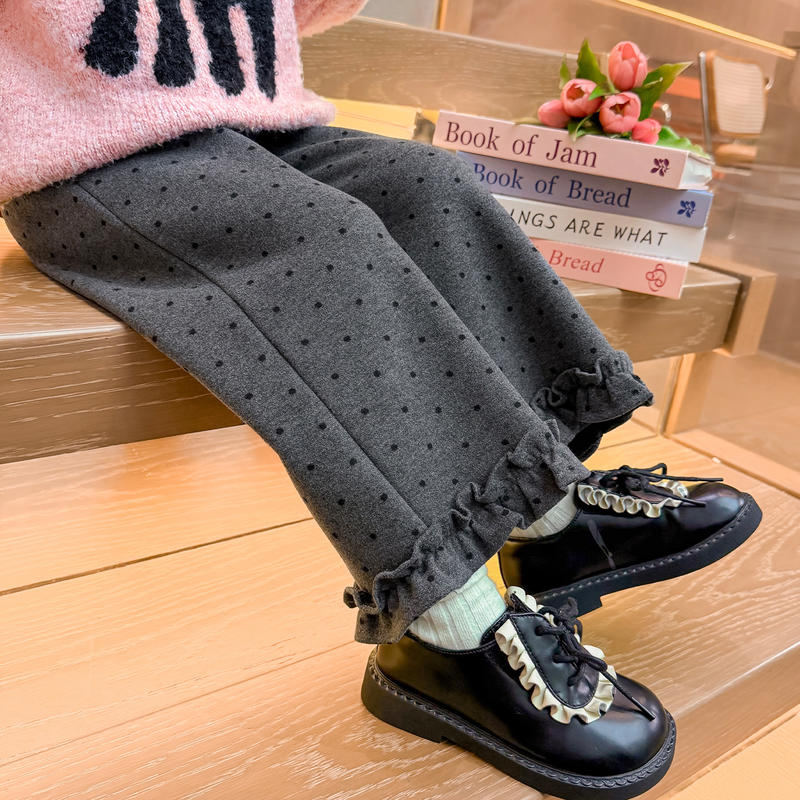 冬季新款儿童加绒圆点花边休闲裤2025韩版女童洋气校园裤童装