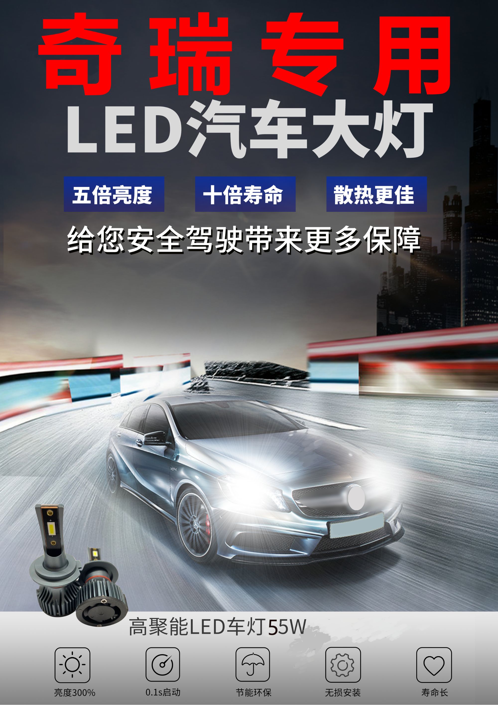【奇瑞】A1E3风云瑞虎艾瑞泽QQA3旗云近远光升级LED大灯无损安装