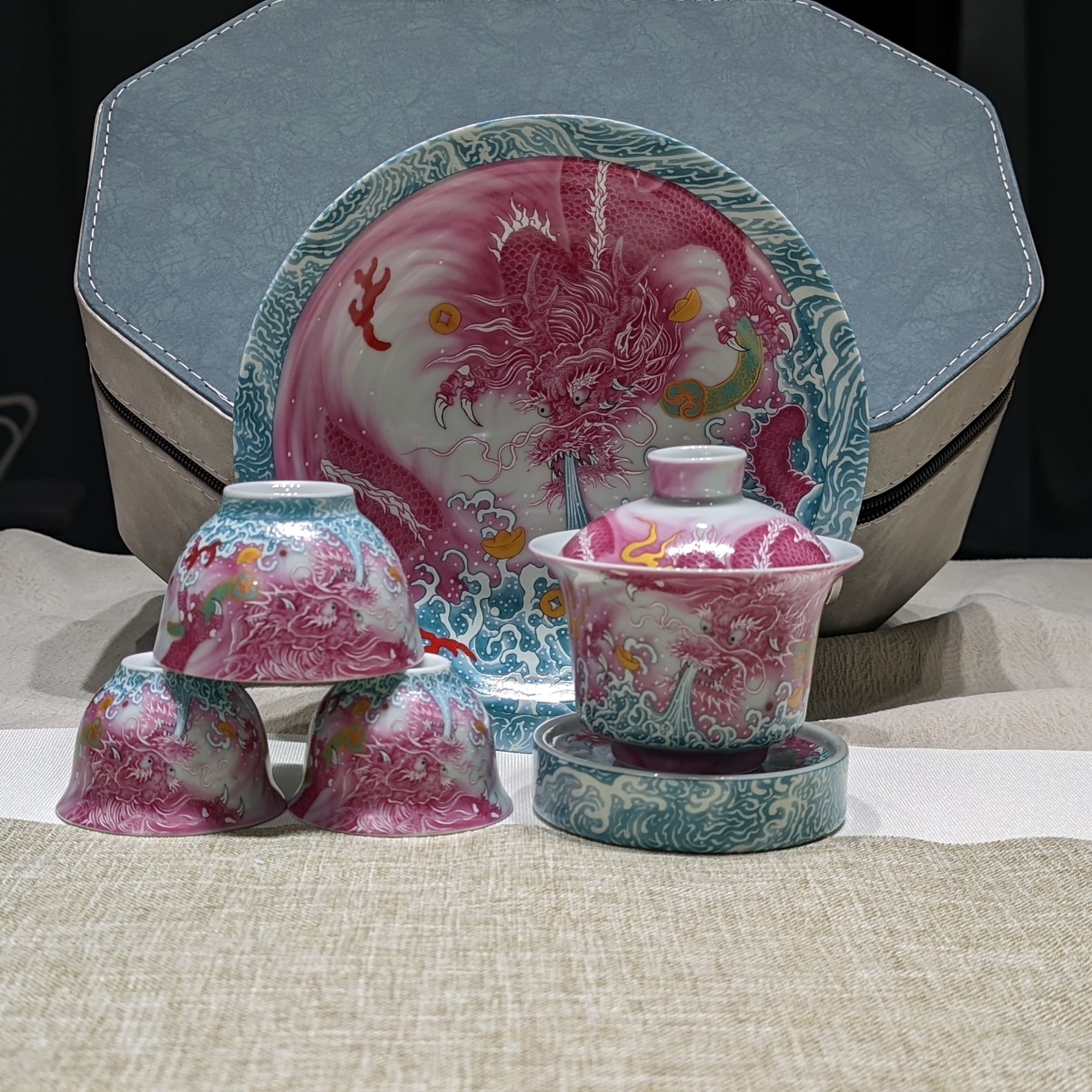 粉彩宝石红溪云龙带茶盘复古家用茶具套装