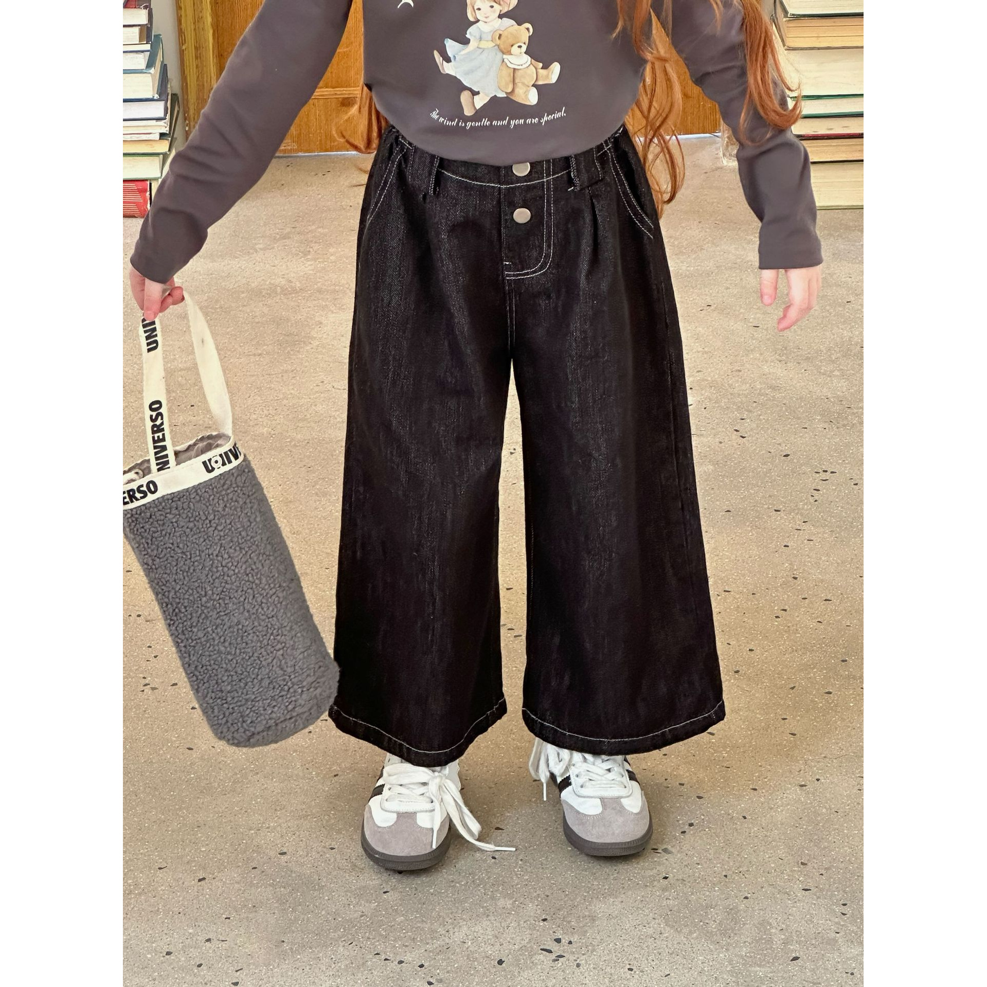 女童裤子秋新款简约百搭两粒扣休闲阔腿裤儿童软牛仔直筒裤86176