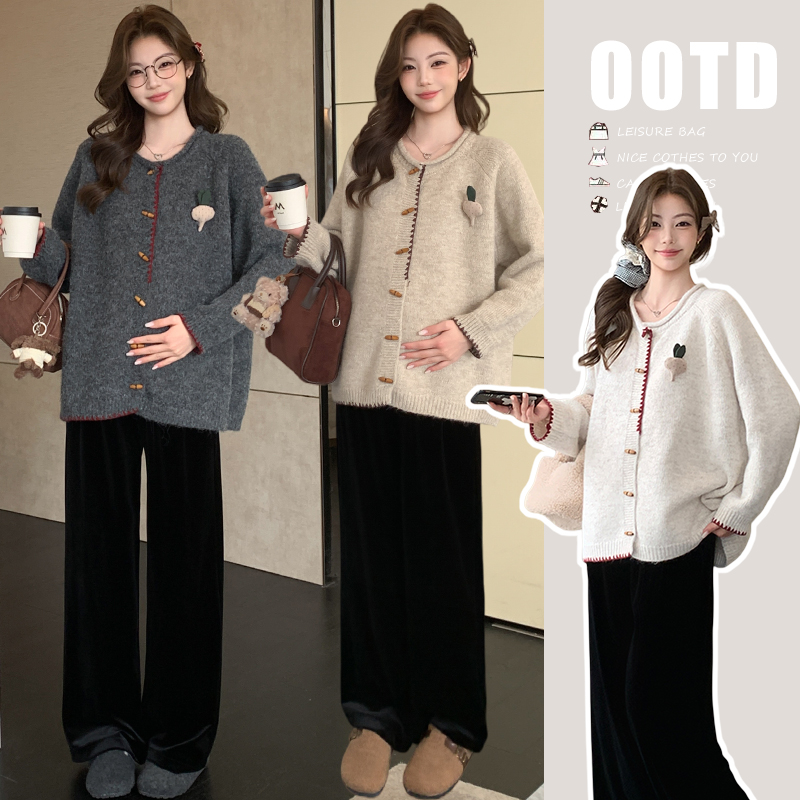 孕妇装韩系复古条纹针织长袖开衫秋季单排扣圆领百搭减龄开衫毛衣