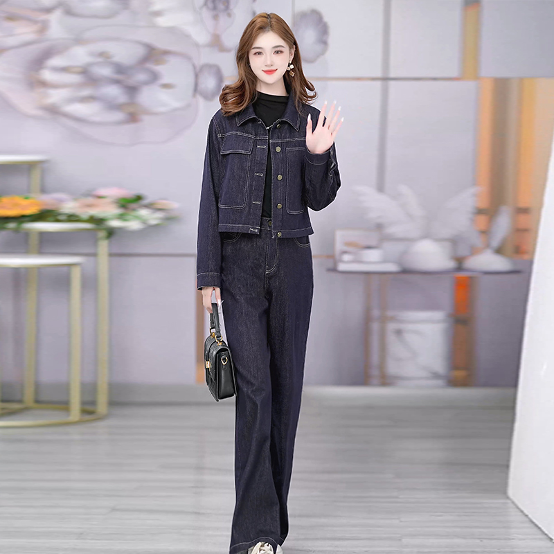 【上衣+裤子两件套】新款牛仔外套直筒牛仔裤牛仔套装长袖拼色两