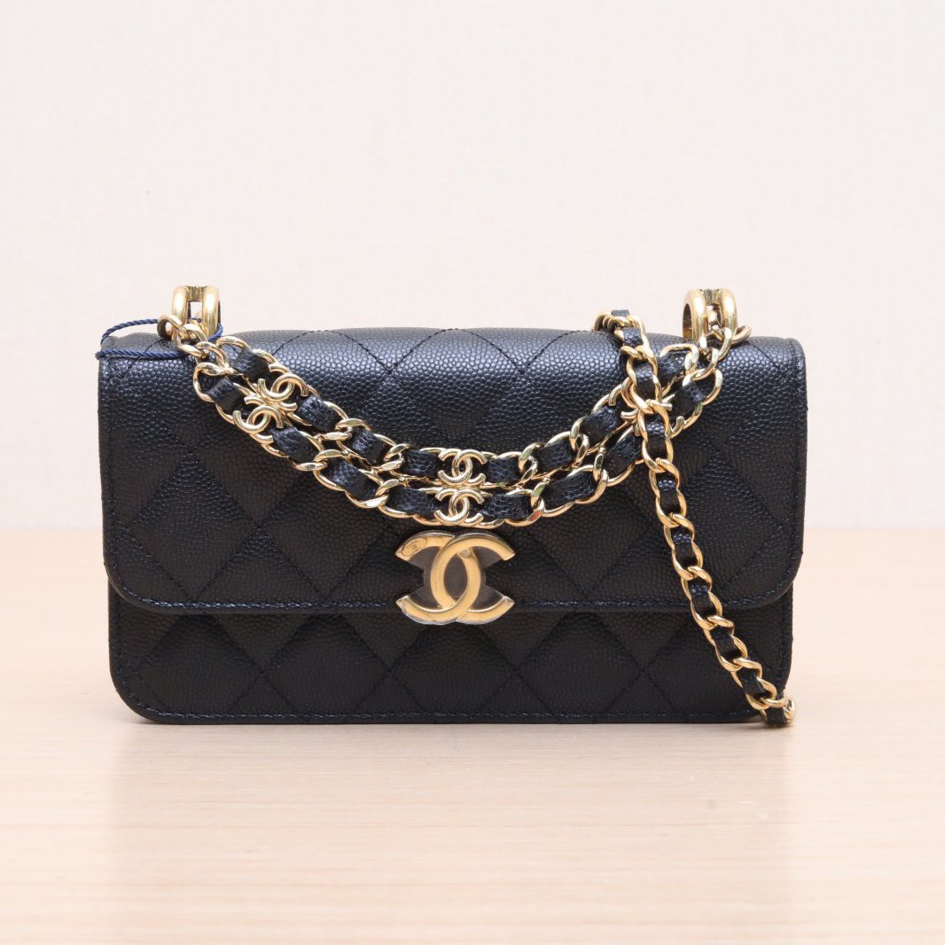 99新 Chanel/香奈儿 小花6花 22K 手柄手机包 WOC 17cm 黑色