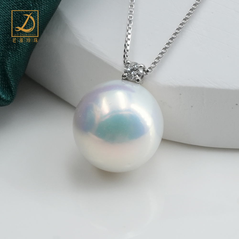 5A | 18K金镶钻11-12mm 经典王妃戴妃珍珠吊坠 极光微微瑕