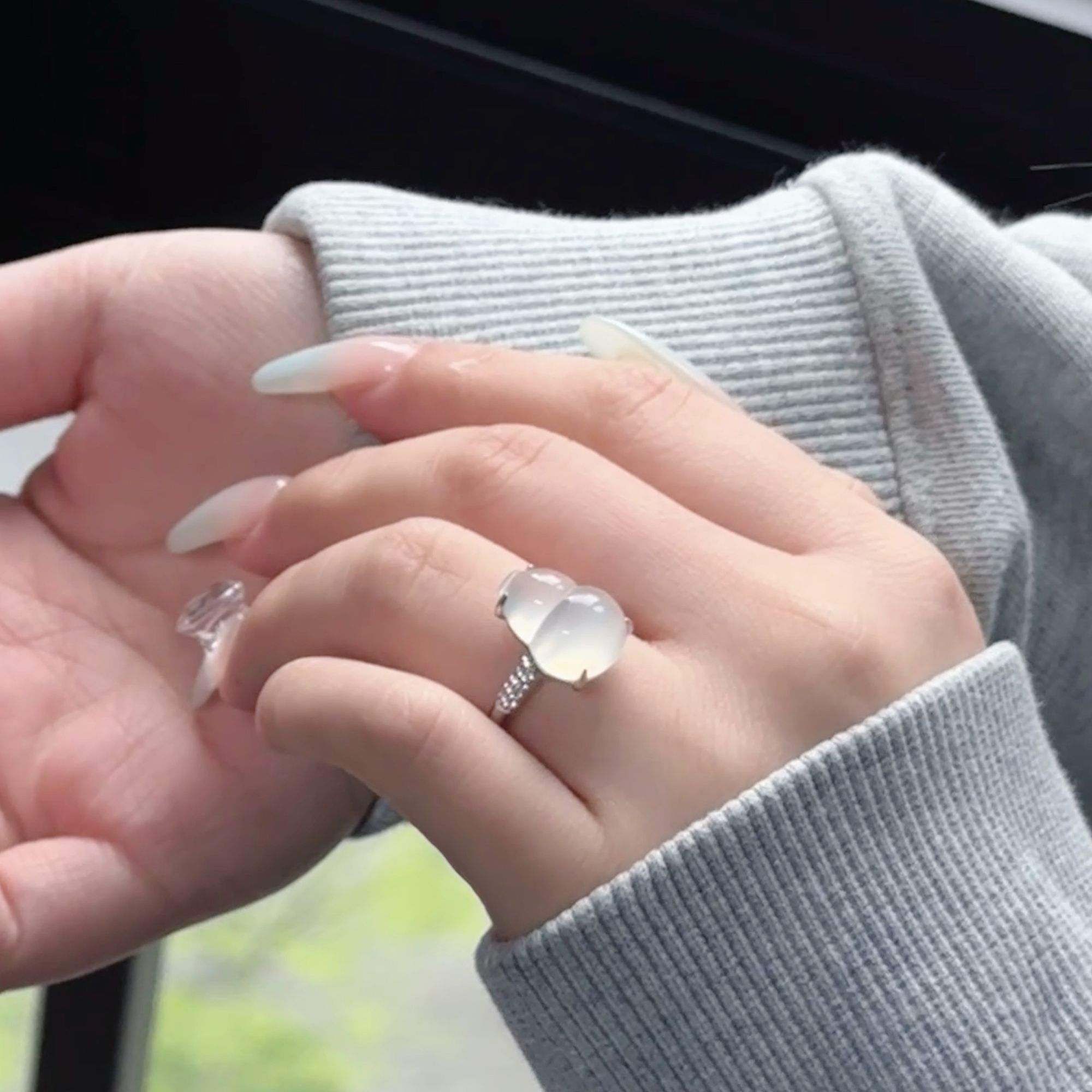 天然冰清胖葫芦s925纯银戒指白色玛瑙玉髓气质百搭经典