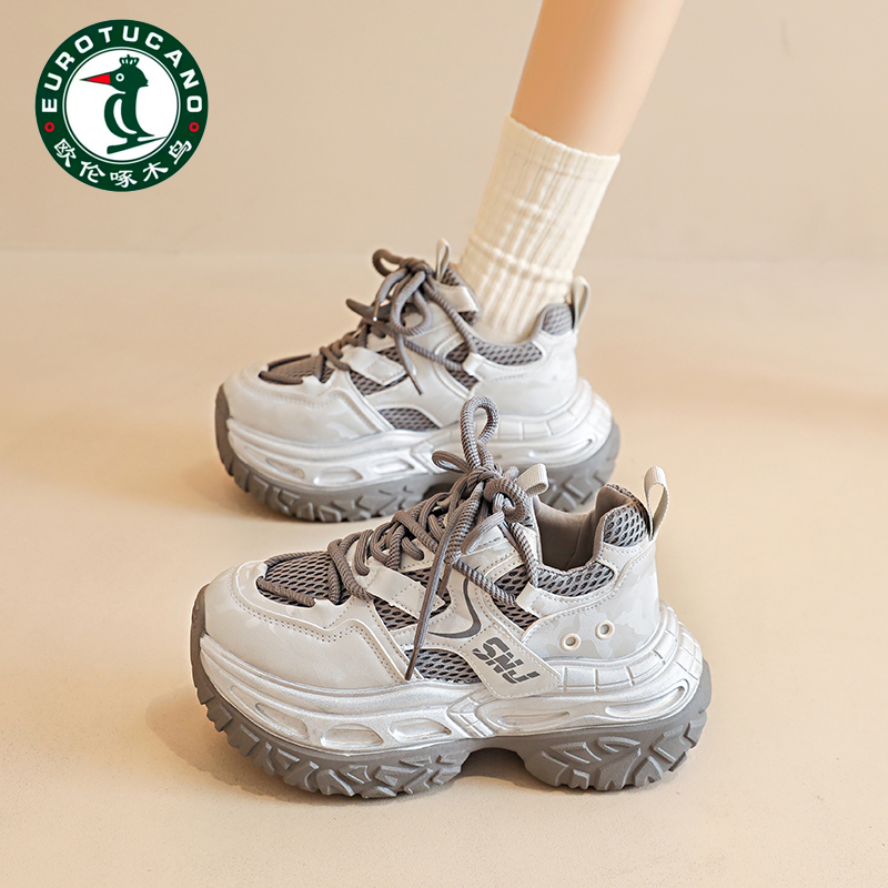 欧伦啄木鸟增高老爹鞋女2025秋新款拼色时尚ins潮松糕厚底休闲鞋