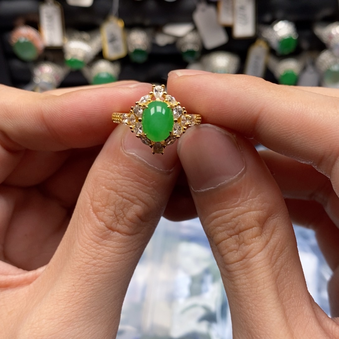 翡翠戒指银S925镶嵌天然缅甸翡翠a货