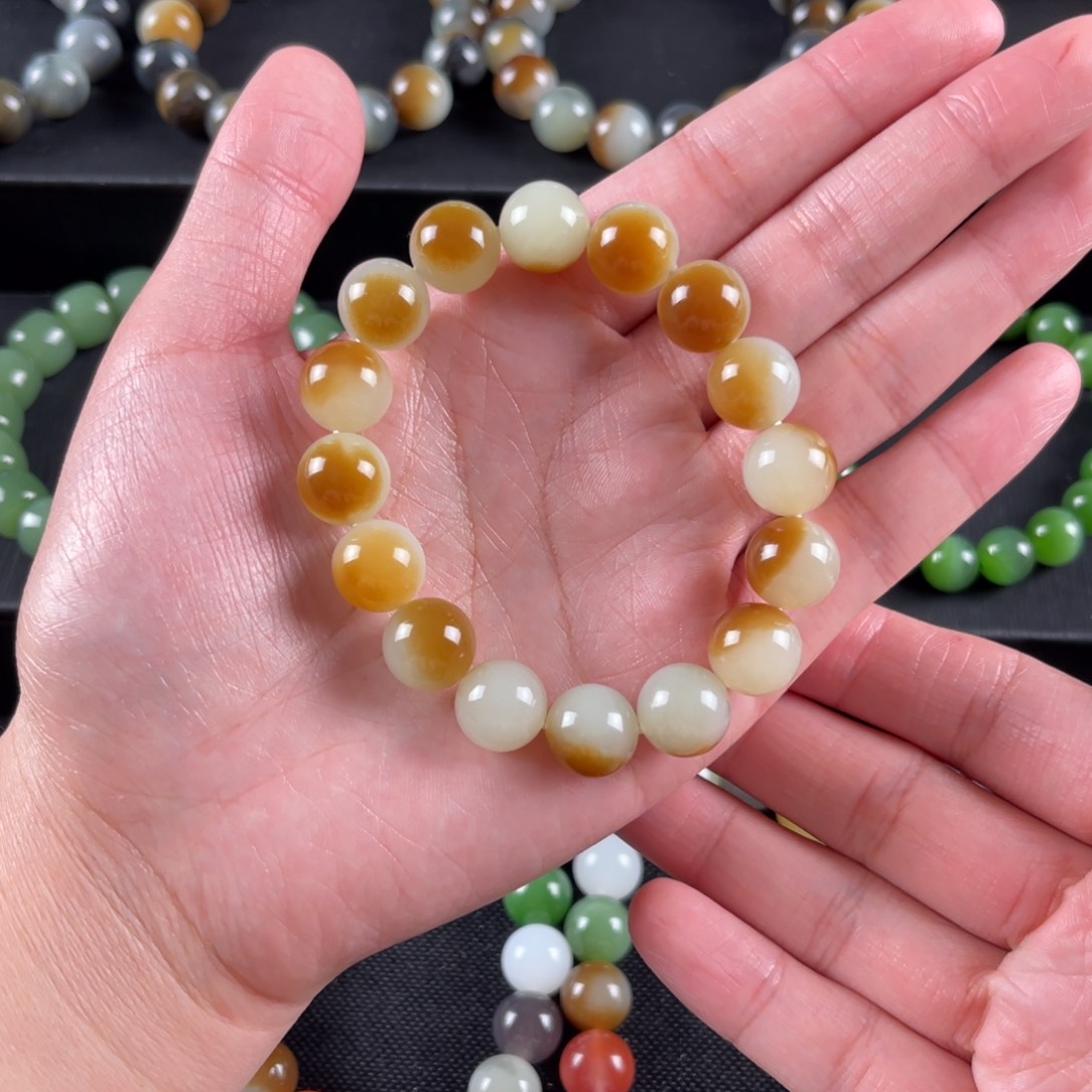 和田玉手串未镶嵌老***木卡12金山糖白