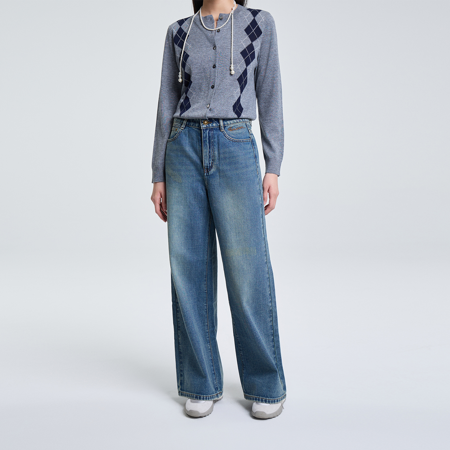 2026春ETC新款休闲时尚牛仔裤1A295阔腿裤宽松水洗高腰蓝色复古