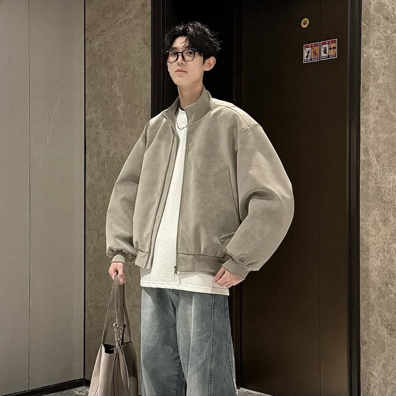 硬汉立领飞行员夹克男款春秋美式扎染皮衣外套痞帅廓形短款棒球服