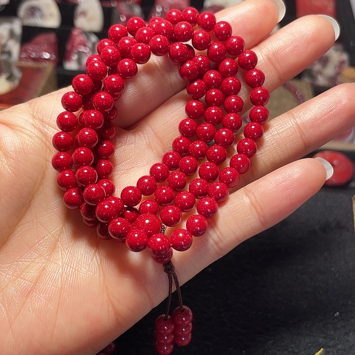 天然辰砂晶粉砂多圈手链6mm