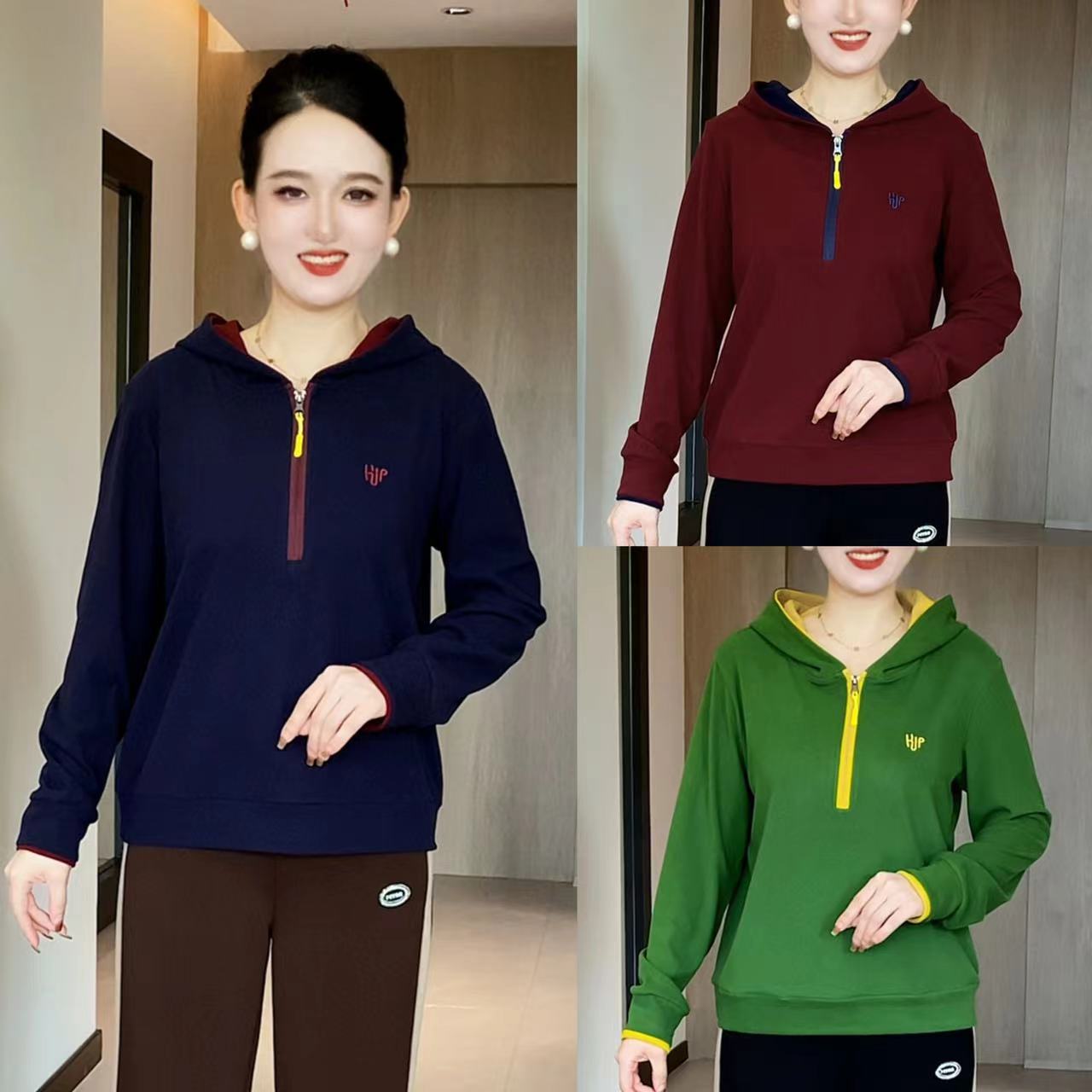 秋季新款 时尚拼色半拉链长袖套头连帽卫衣女宽松百搭休闲帽衫