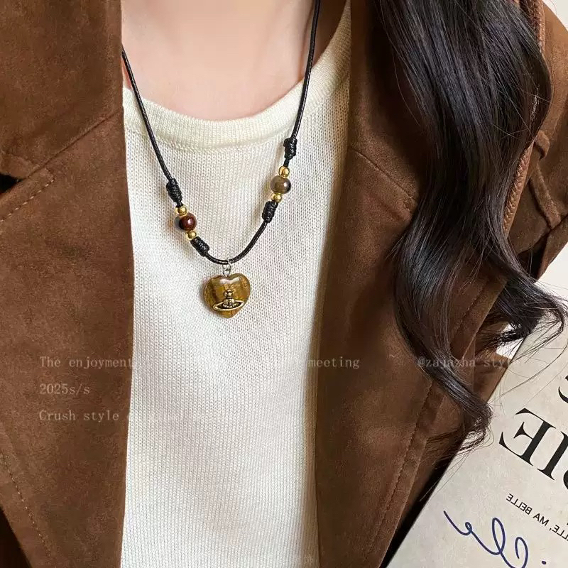 铜合金项链 1083 复古爱心虎眼星球串珠项链女秋冬毛衣链
