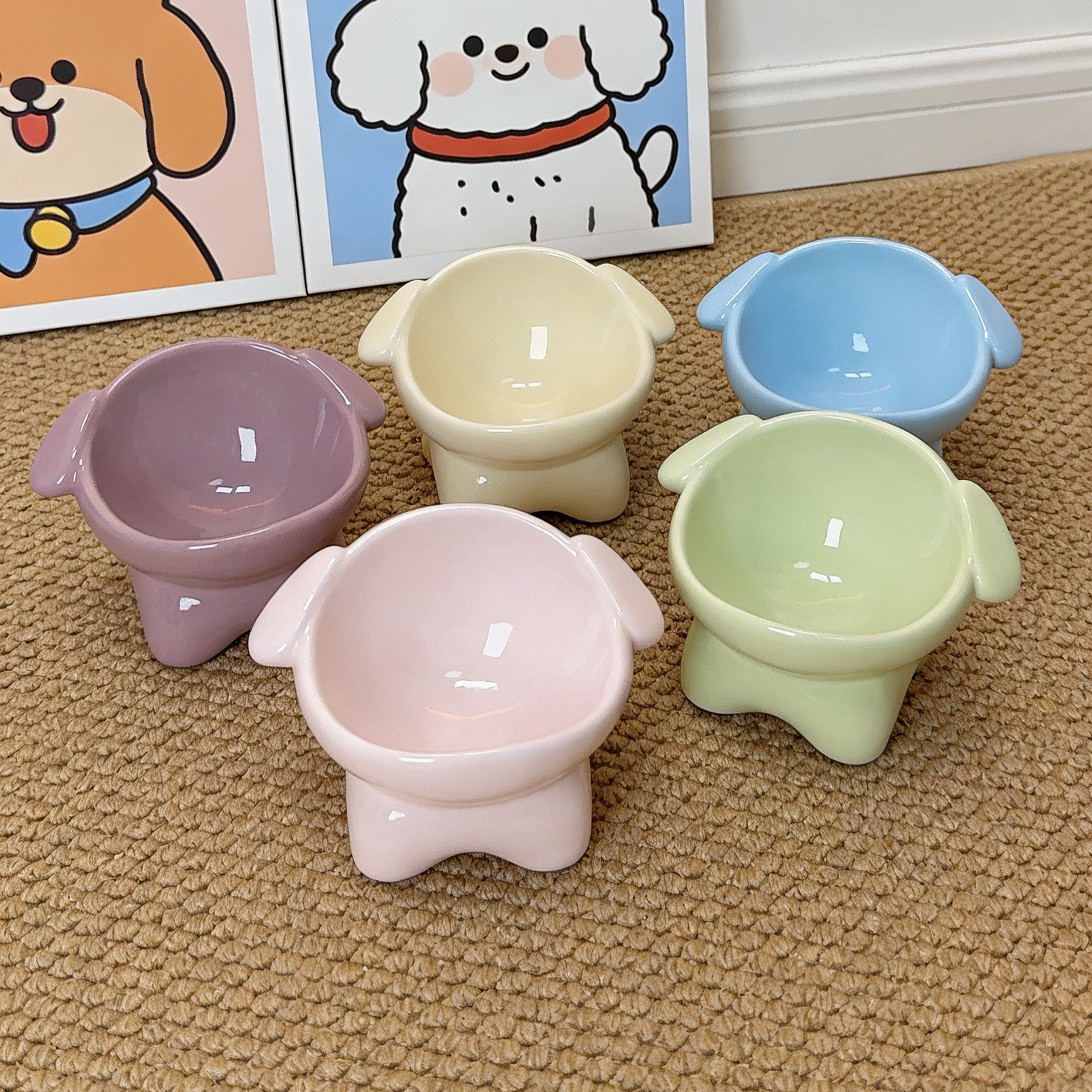 创意3D立体狗狗陶瓷宠物碗斜口高脚护颈猫碗狗盆放黑下巴猫狗通用