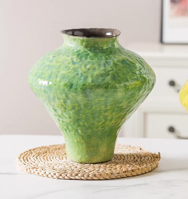 新中式手工轻奢绿色花瓶水养鲜花玫瑰插花餐桌装饰摆件