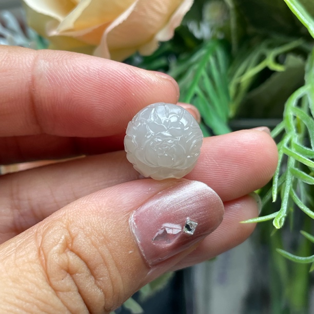 天然和田玉青海料冰底浅藕粉牡丹钱珠有钱花珠挂坠颈饰