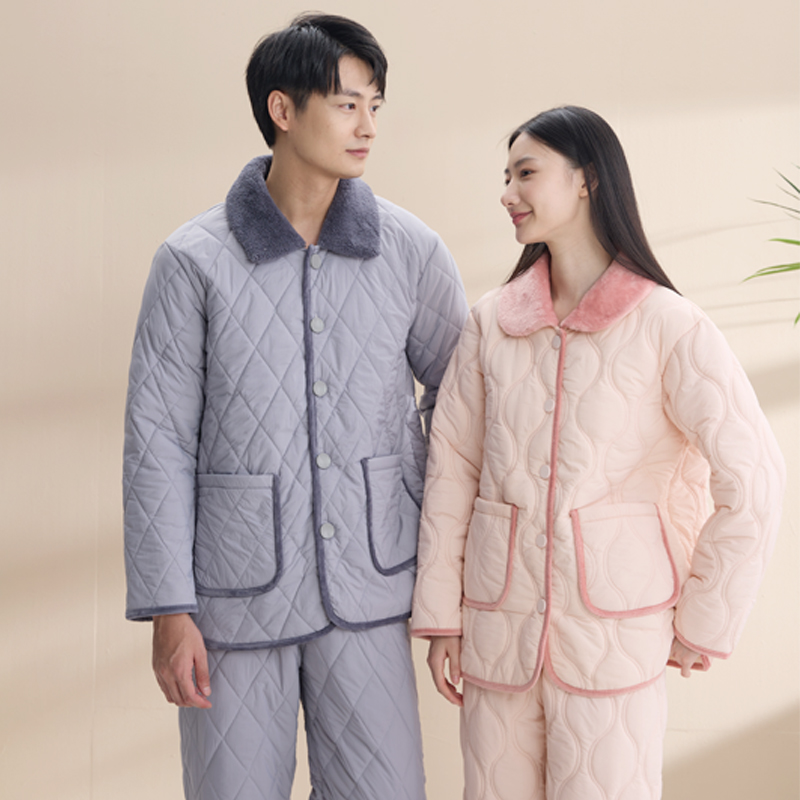 红豆冬季三层夹棉轻薄女士睡衣防风加绒加厚保暖男士家居服情侣款