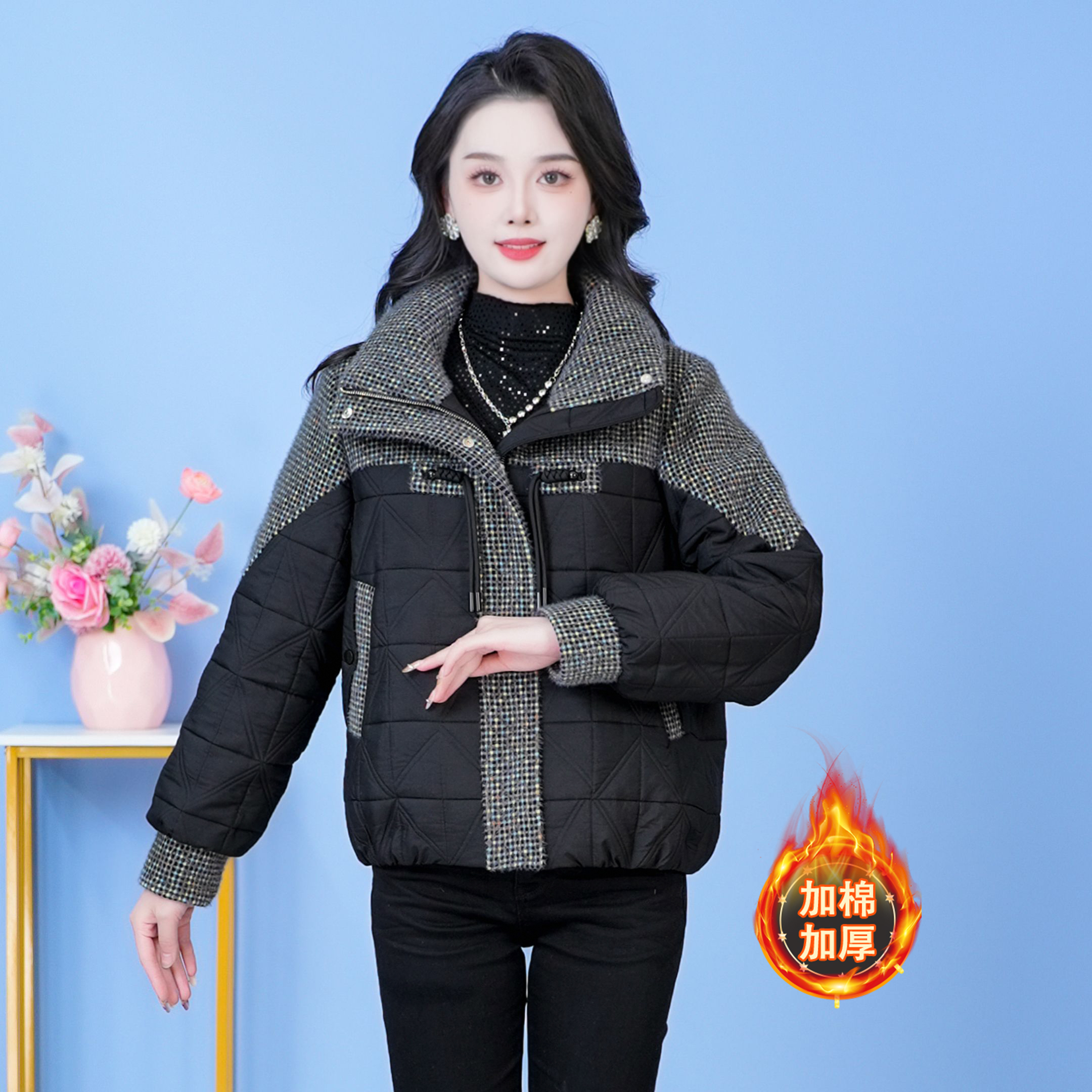 翻领拼色气质保暖时尚加厚棉服新款宽松2025年冬季【SJYH3972】