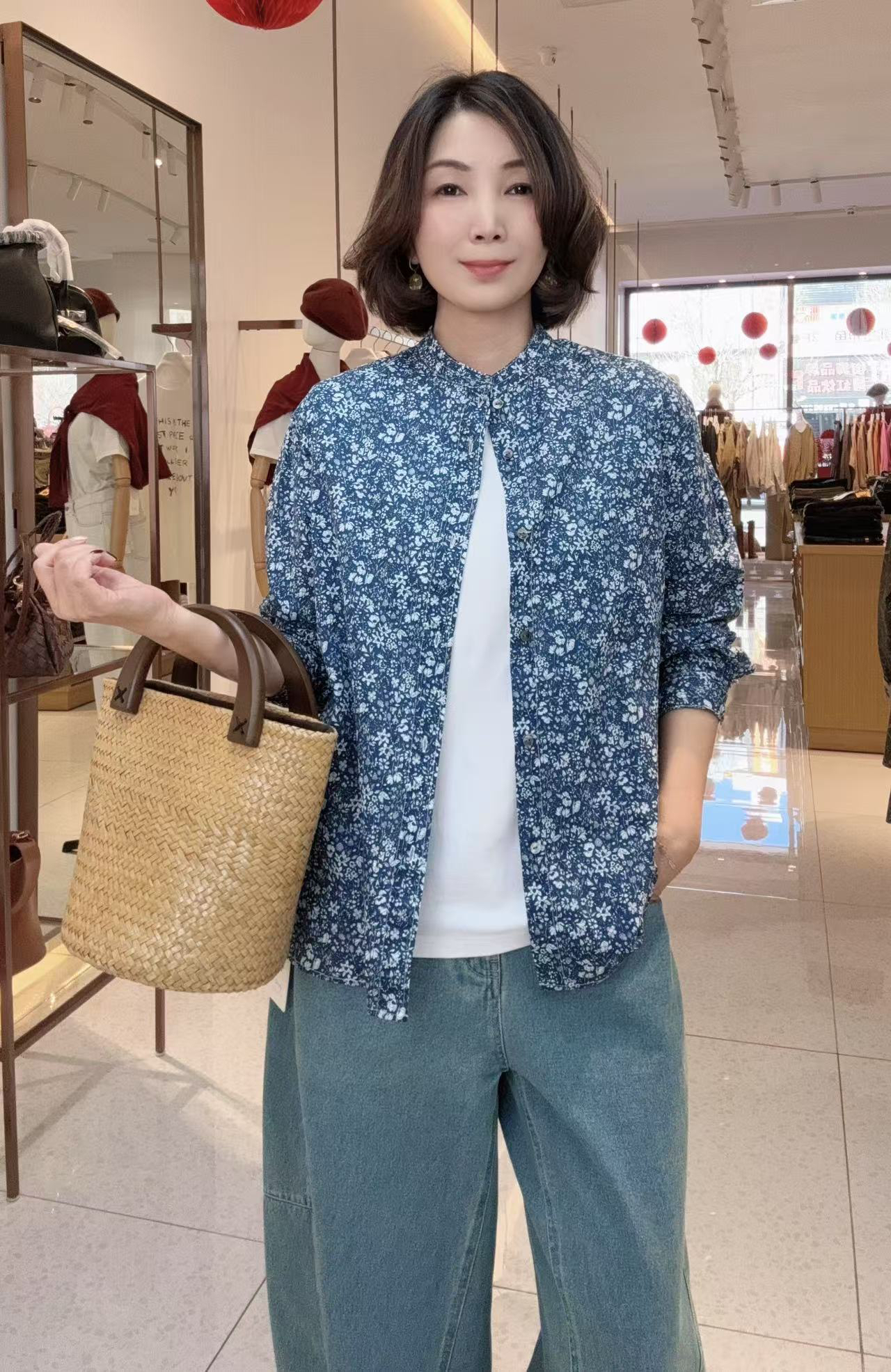 棉质 日系小立领碎花衬衫