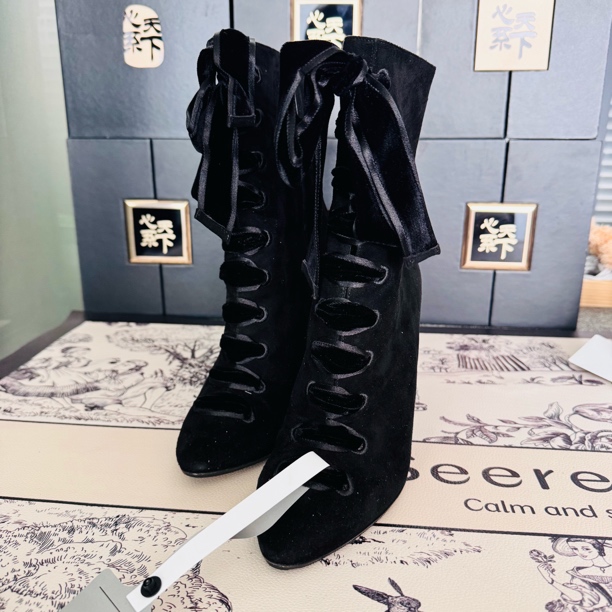 95新 GUCCI/古驰 蕾丝蝴蝶结麂皮半高靴36.5码ysc0744