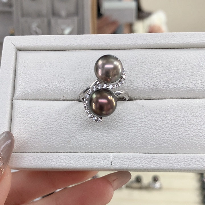 海水珍珠戒圈银S925镶嵌双珠大溪地戒指