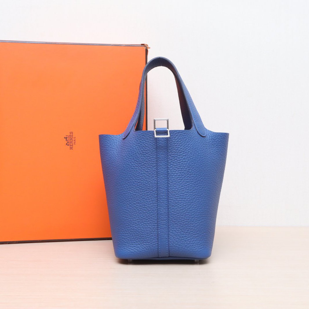 99新 Hermes/爱马仕 小花黑黑 菜篮子18 P5领带蓝 TC皮 W刻 银扣 