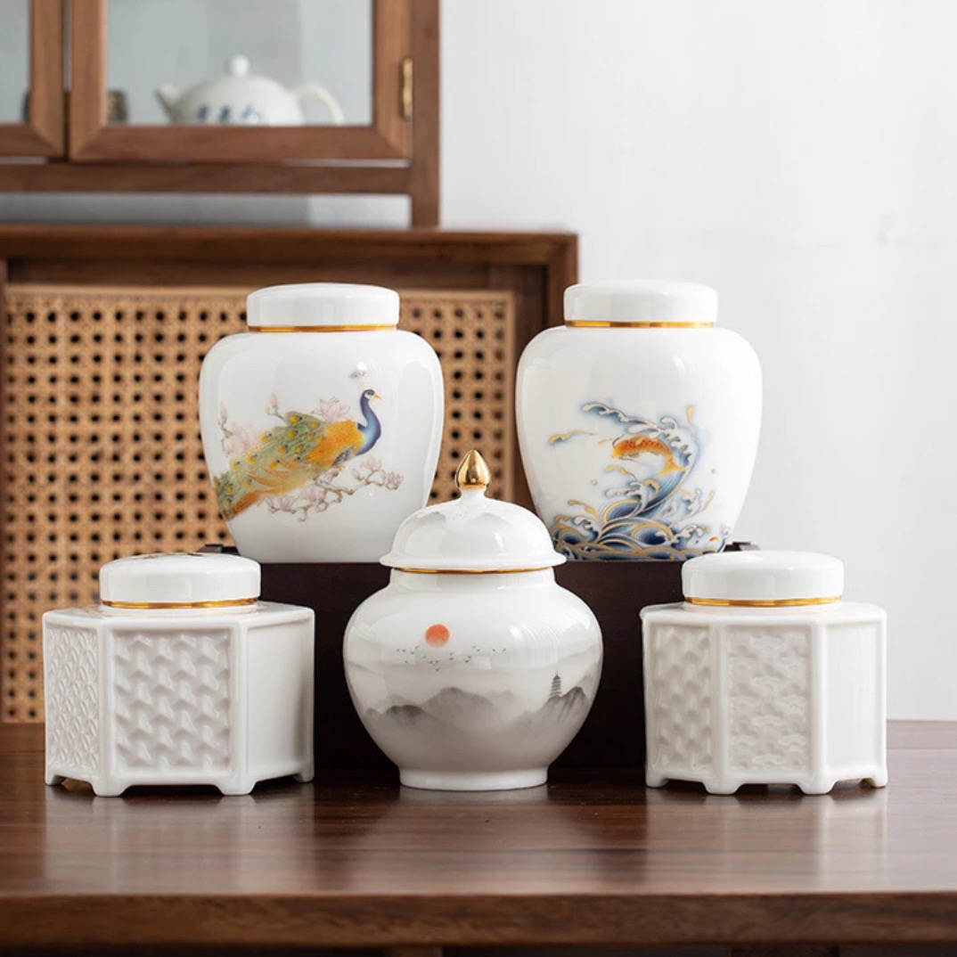 高端国风羊脂玉瓷中式陶瓷茶叶罐密封罐家用摆件存茶罐储物罐