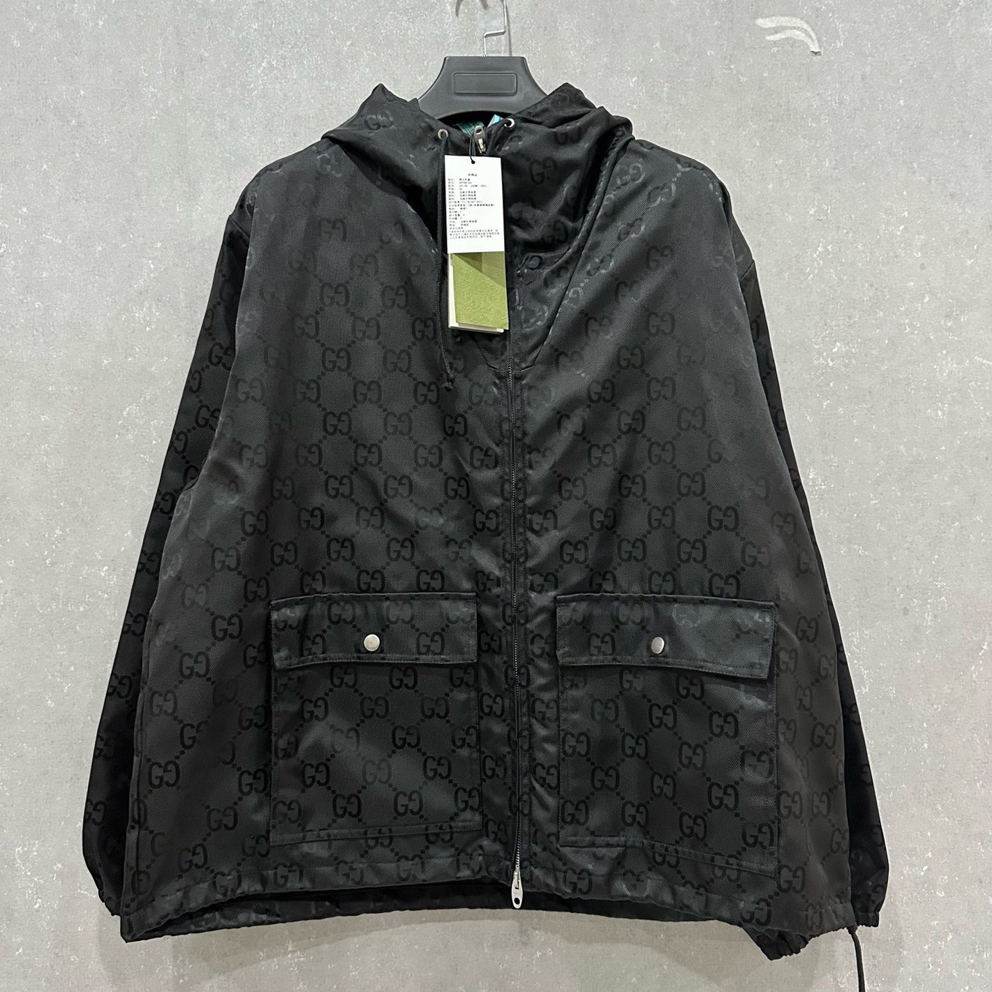未使用 GUCCI/古驰 黑色logo暗纹满印连帽拉链外套 50码 004706