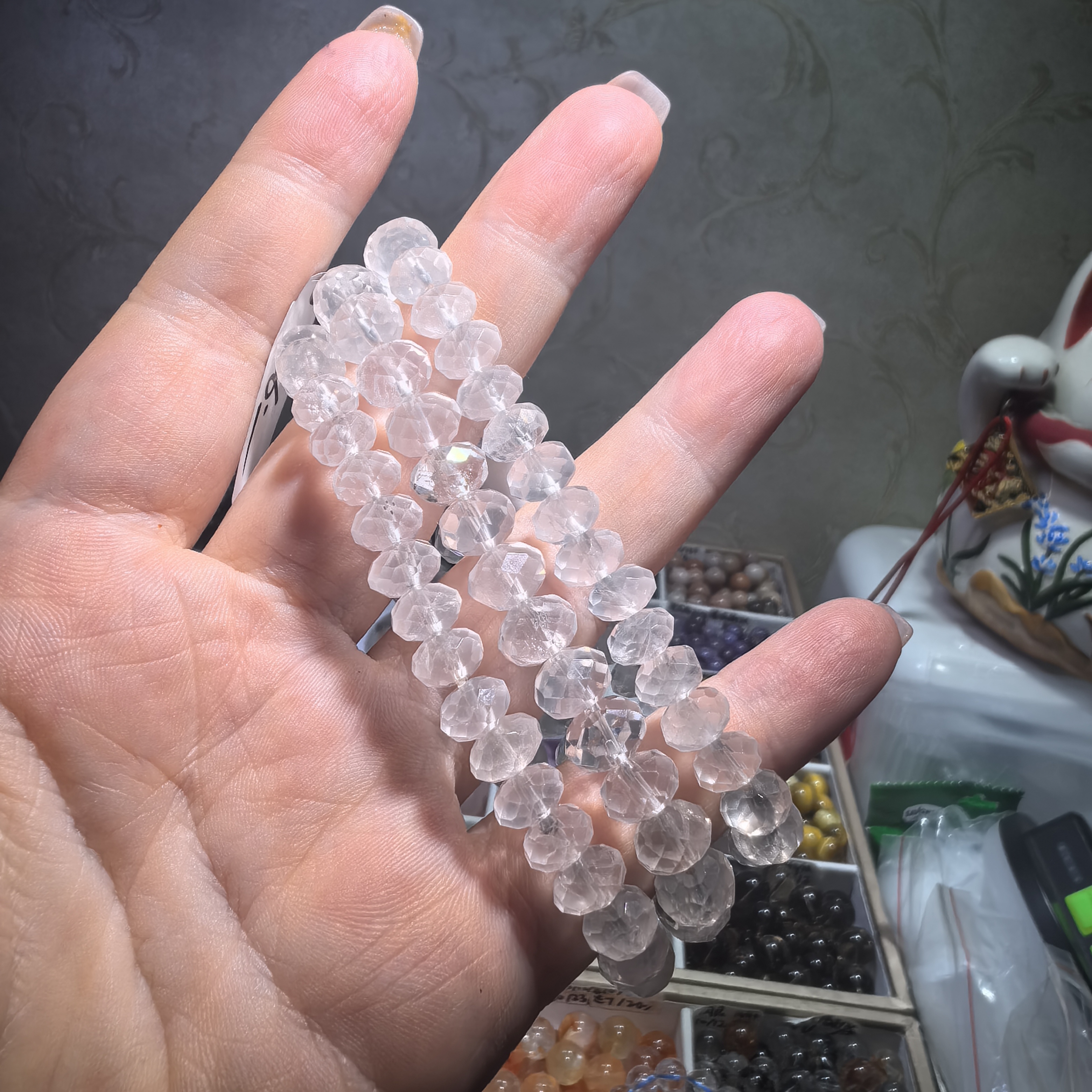 天然奶白水晶奶白晶钻切算盘珠手串