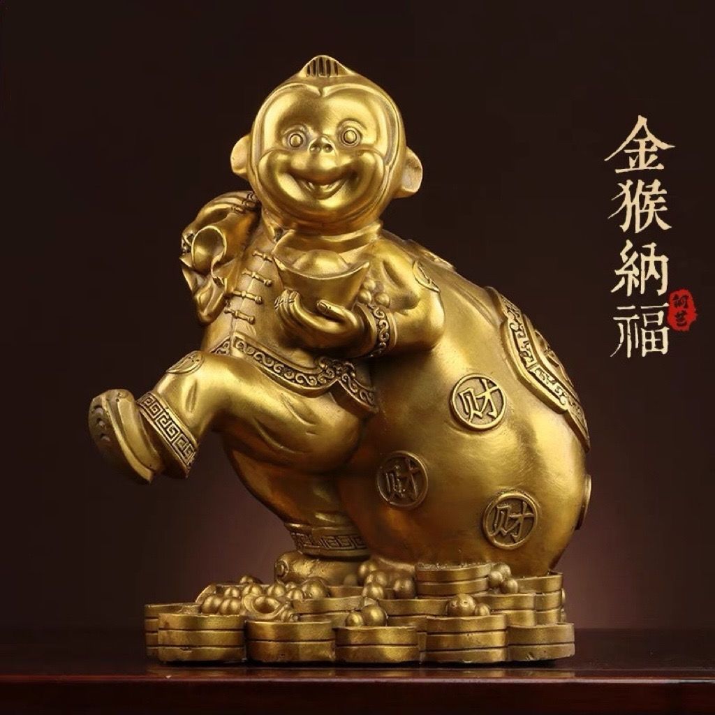 开运纯铜猴子摆件风水猴吉祥物十二生肖猴金猴摆件铜猴背钱袋猴子