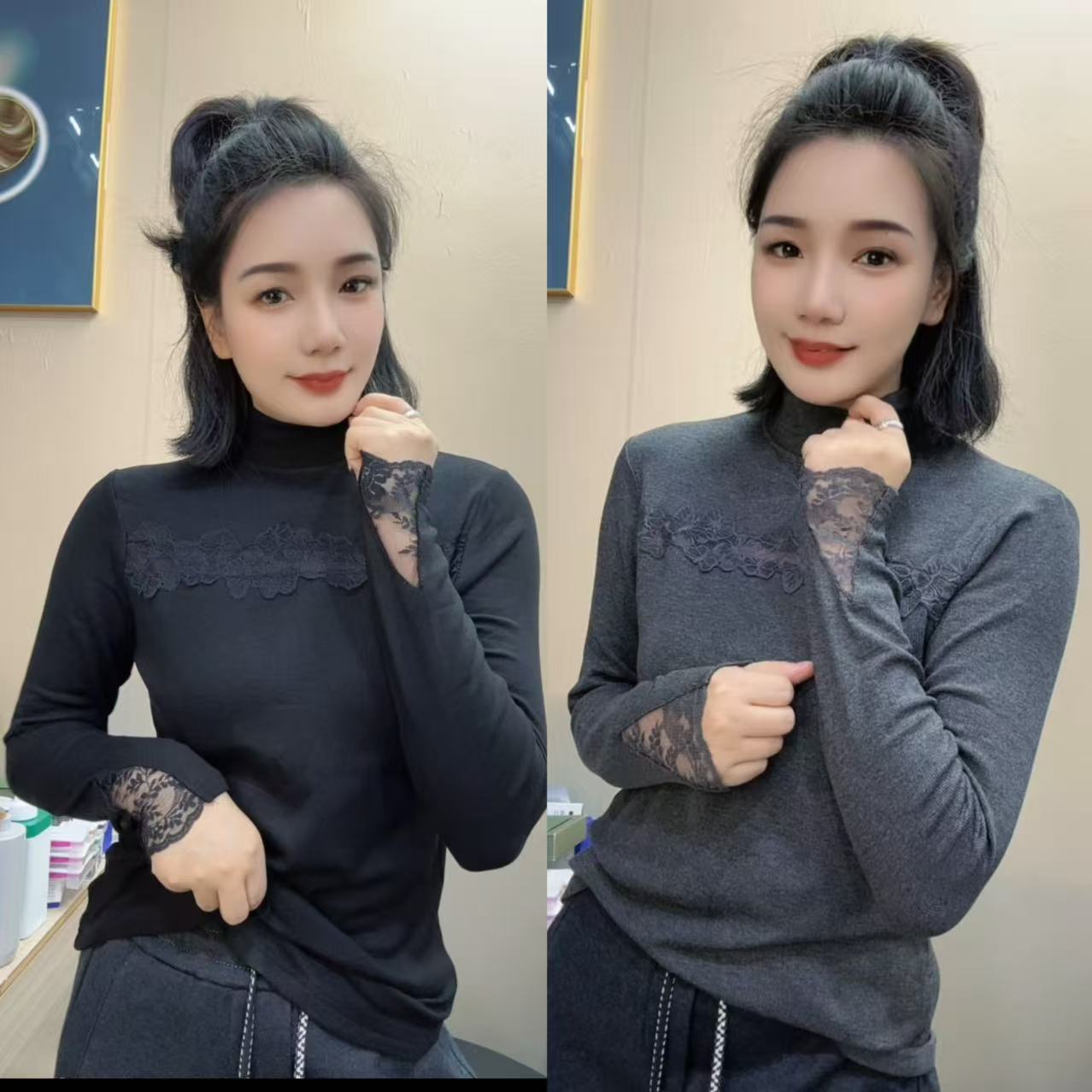 玲家精选7695款号拼蕾丝花边打底衫