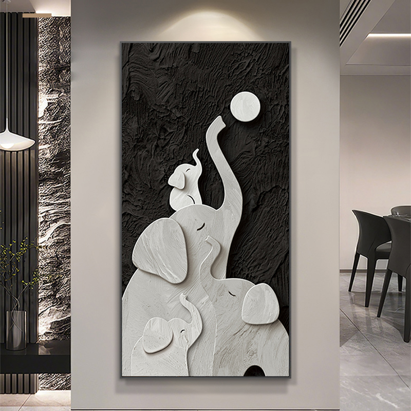 现代简约玄关装饰画大象入户正对门背景墙壁画黑白灰走廊过道挂画