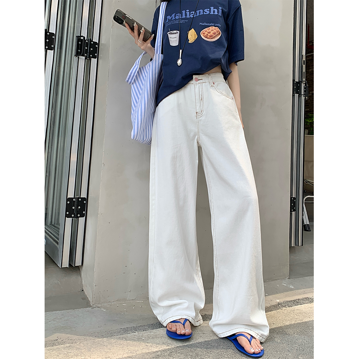 白色高腰阔腿牛仔裤胖mm女夏季大码宽松垂感显瘦拖地长裤