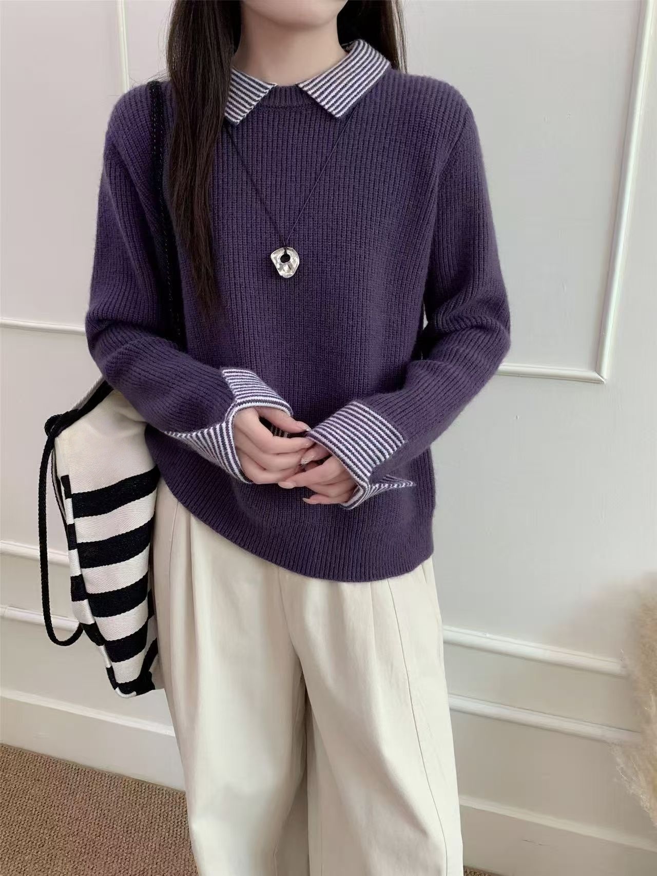 秋冬针织宽松翻领毛针织衫设计感长袖时尚休闲百搭复古潮流韩版