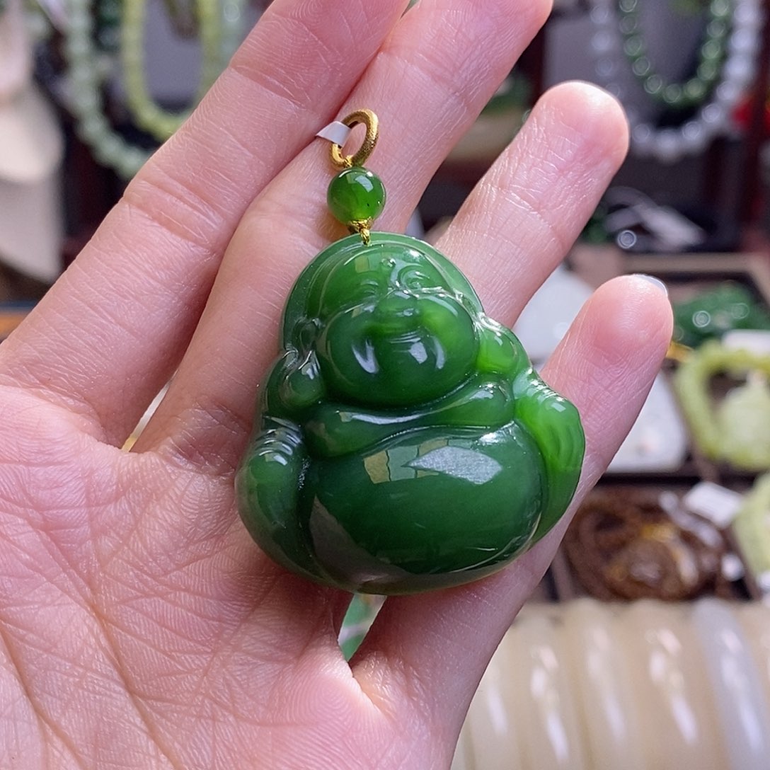 和田玉碧玉金镶佛公吊坠未镶嵌