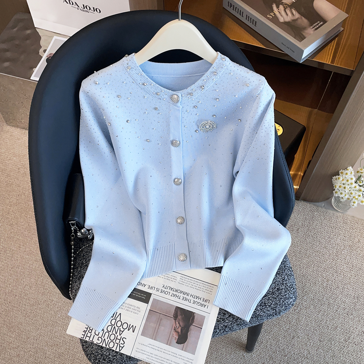 2025冬季新款高端女装法式千金风钉珠针织开衫毛衣外套女DY9634