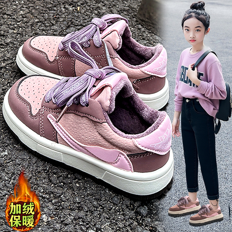阿童木女童二棉鞋冬季2025新款儿童皮面加绒运动鞋女孩低帮板鞋潮