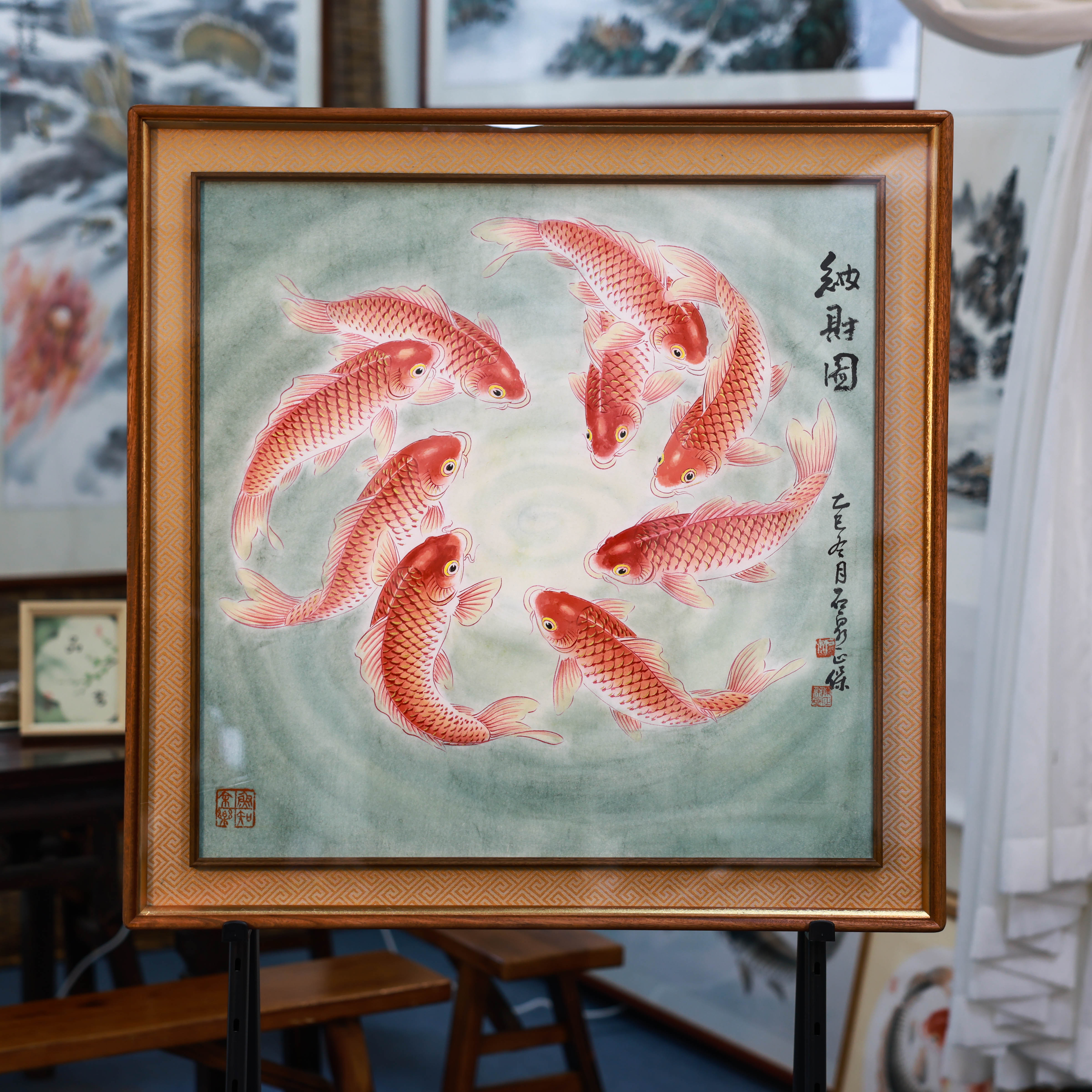 陈正保老师纯手绘锦鲤-九鲤《纳财图》乌檀框中框80*80（直播间同价）