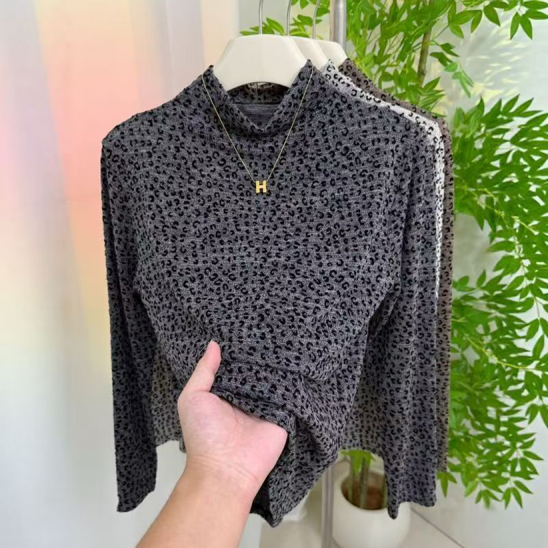 豹纹圆领长袖t恤女正肩2025春秋新款简约休闲内搭打底衫上衣