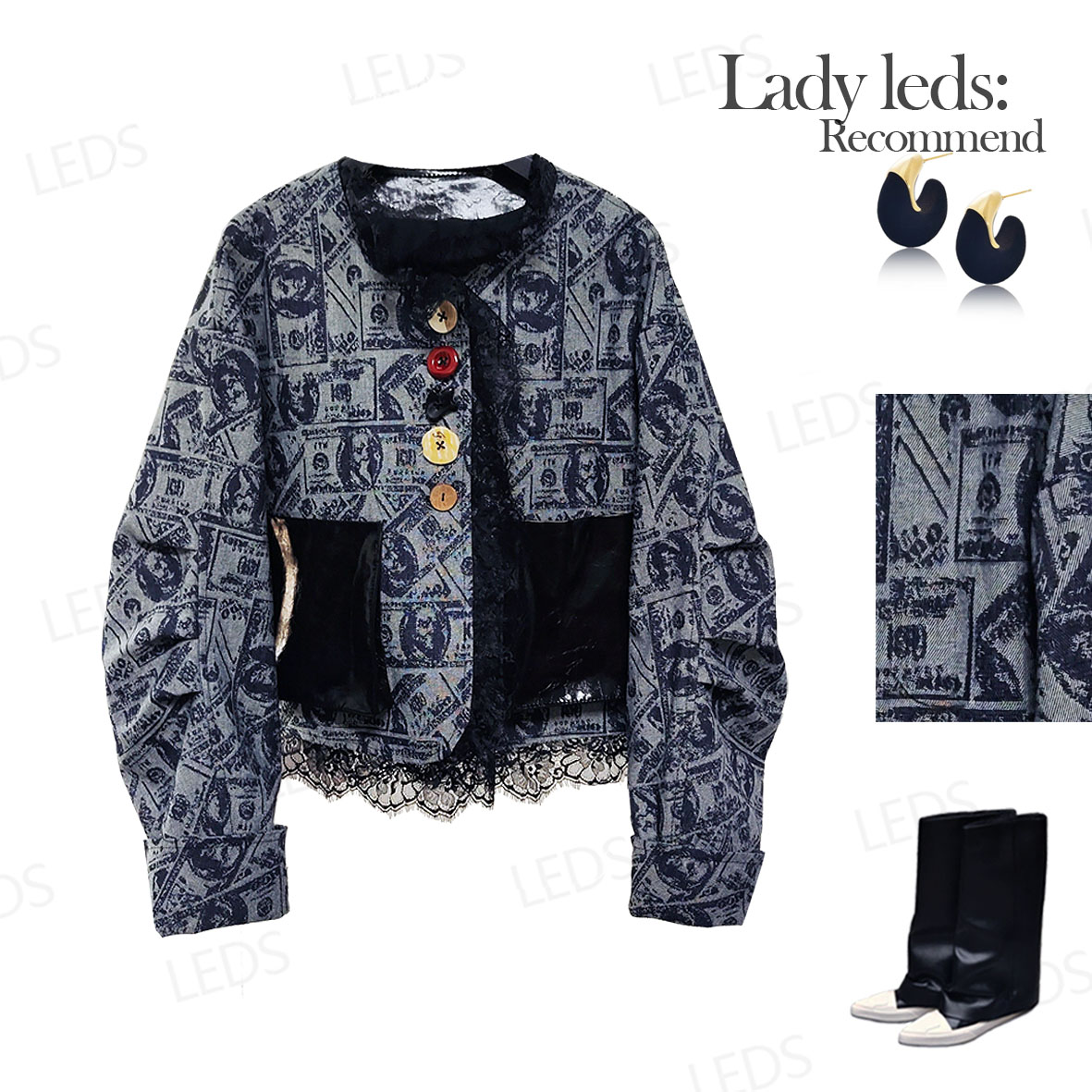 LEDS 25210 春季新款私模定制扣蕾丝边牛仔短外套