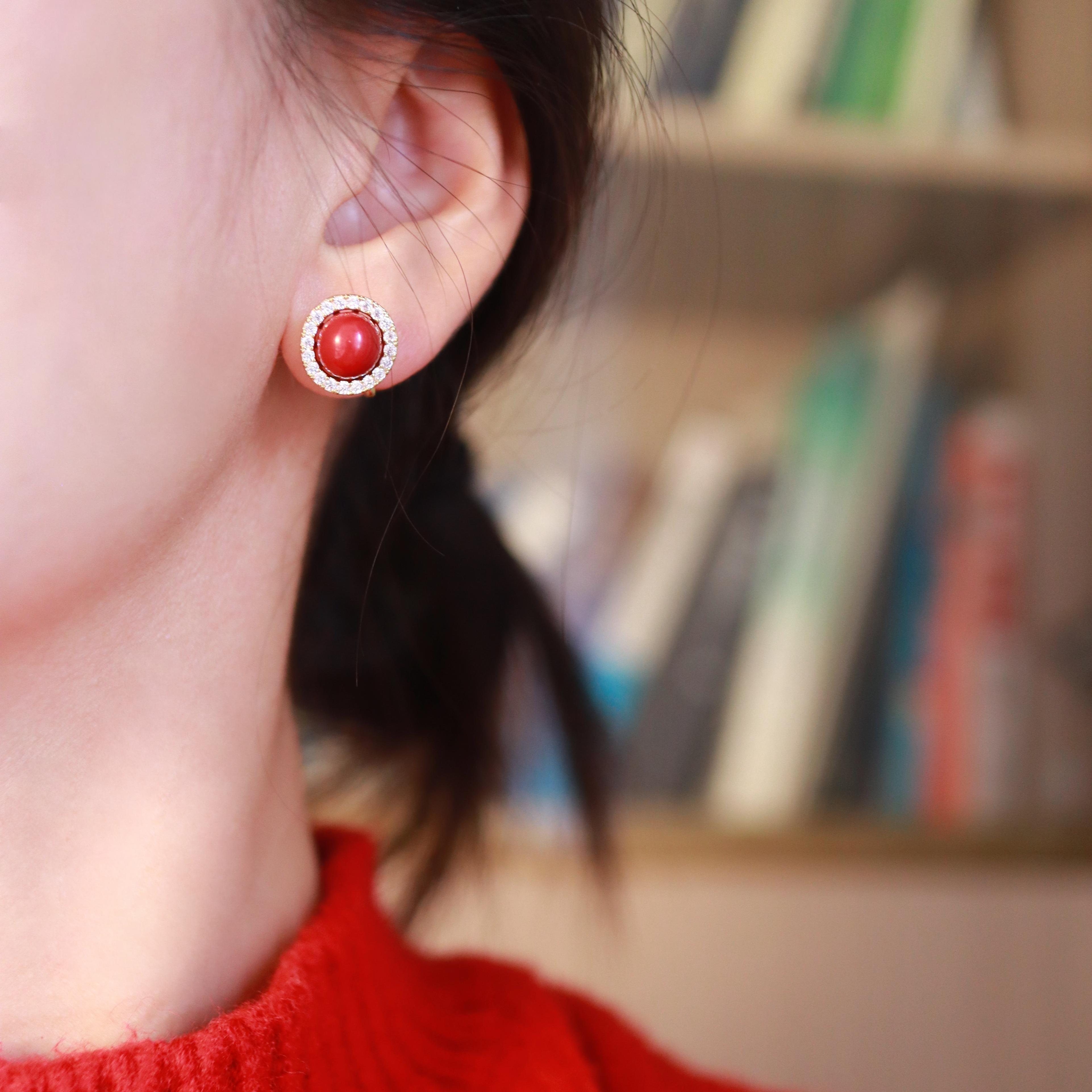 铜合金耳饰 法式复古安可拉红耳钉无耳洞蚊香盘高级耳环新年喜庆