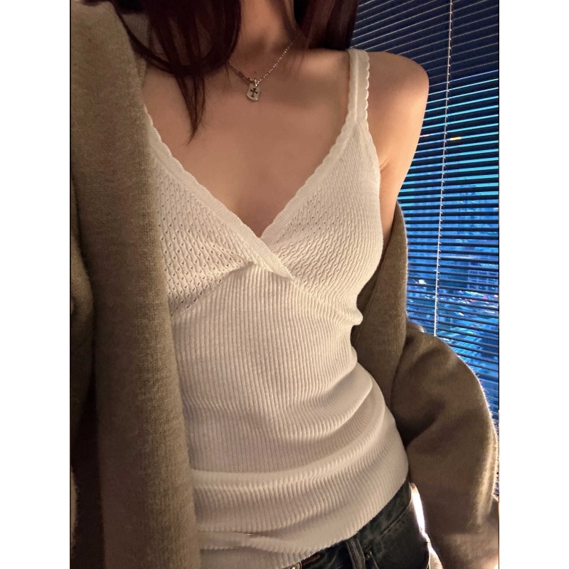 美式复古白色花边v领针织吊带背心女秋季修身内搭辣妹风无袖上衣