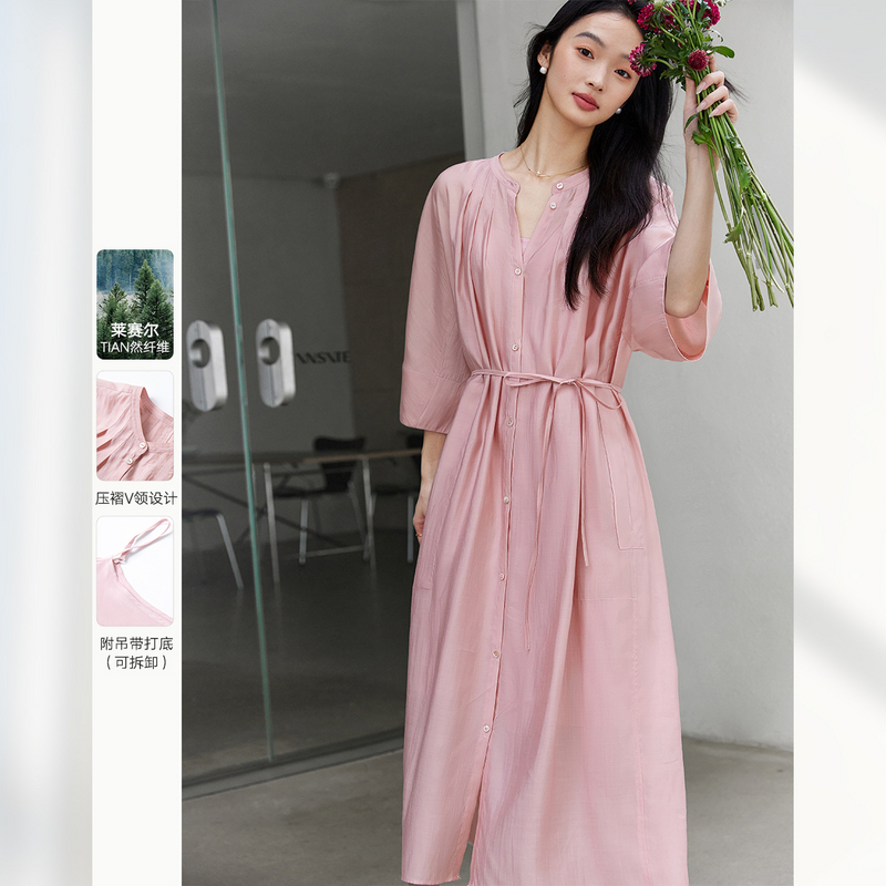 F梵希蔓桃粉色莱赛尔压褶V领连衣裙女新款慵懒长袖裙子A0280