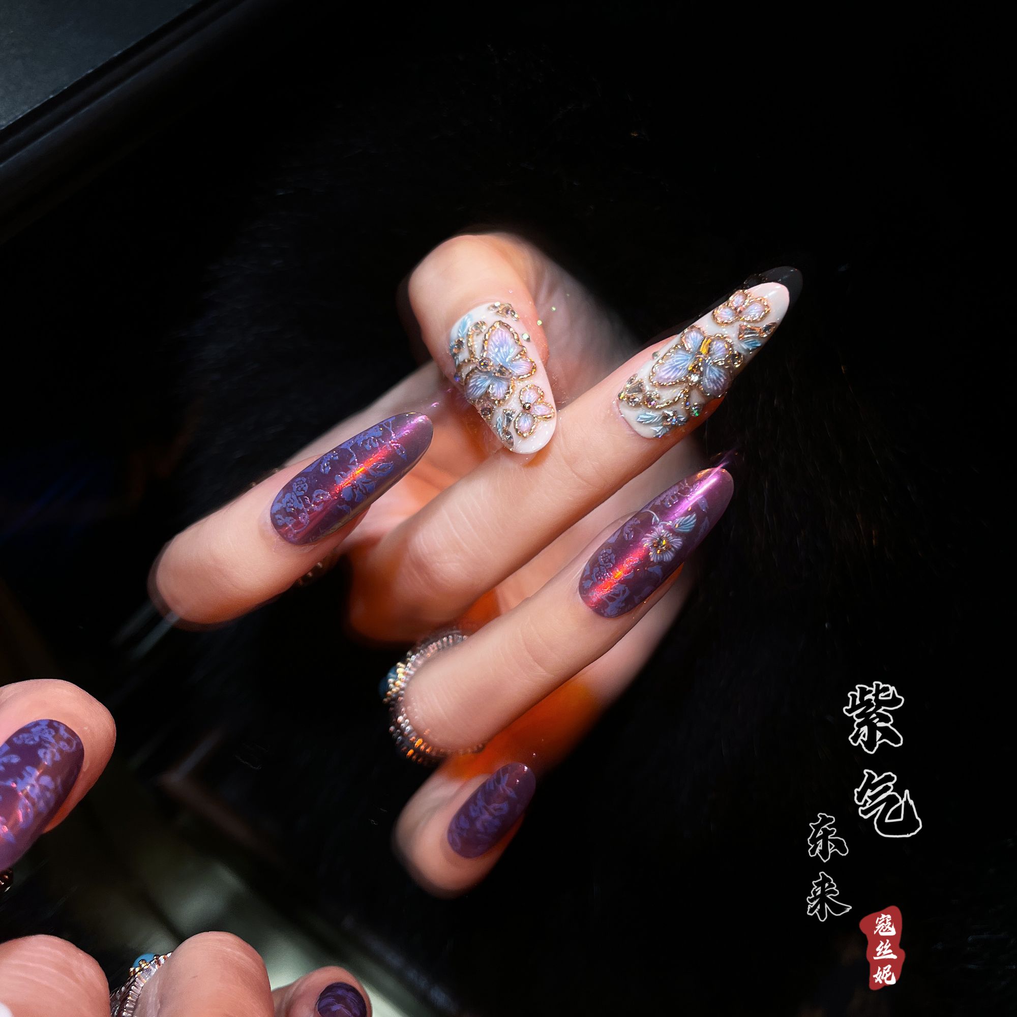 寇丝妮[紫气东来] 纯手工穿戴甲中长款蝴蝶中式高奢美甲2025新款