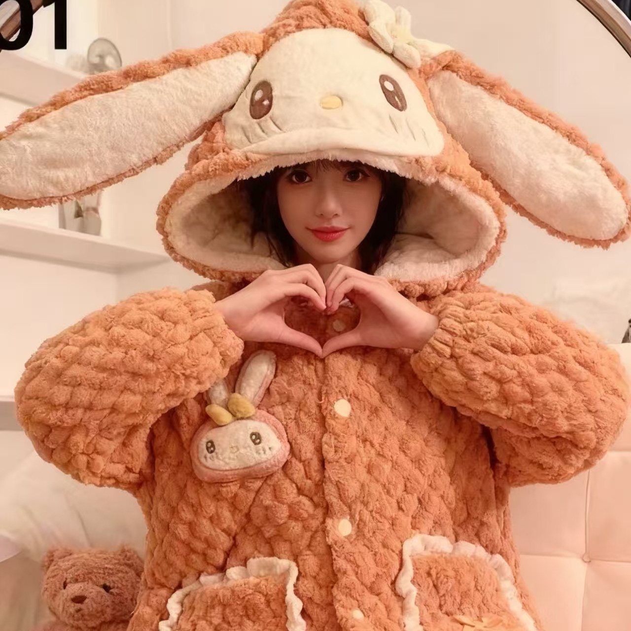 【温柔小兔】冬季新款时尚洋气家居睡衣三层夹棉加厚套装女