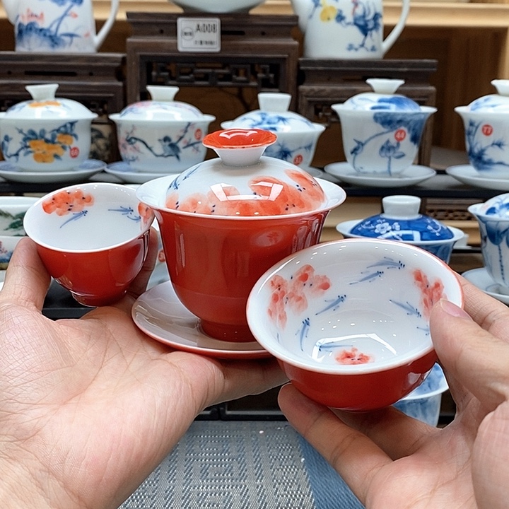 手绘龙船花160cc盖碗➕主人杯一个客杯釉下彩微瑕福利款